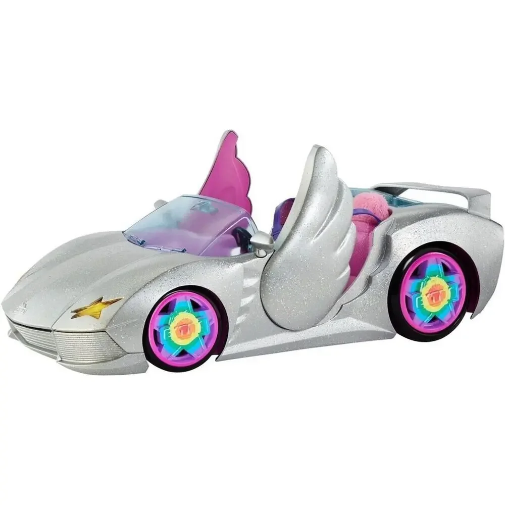 Barbie Car, Barbie Extra Set, Sparkly Silver 2-Seater Toy Convertible with Puppy